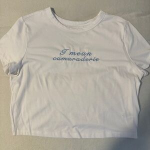 Wild Fable Sabrina Carpenter Cropped White Tee with “camaraderie” Embroidery